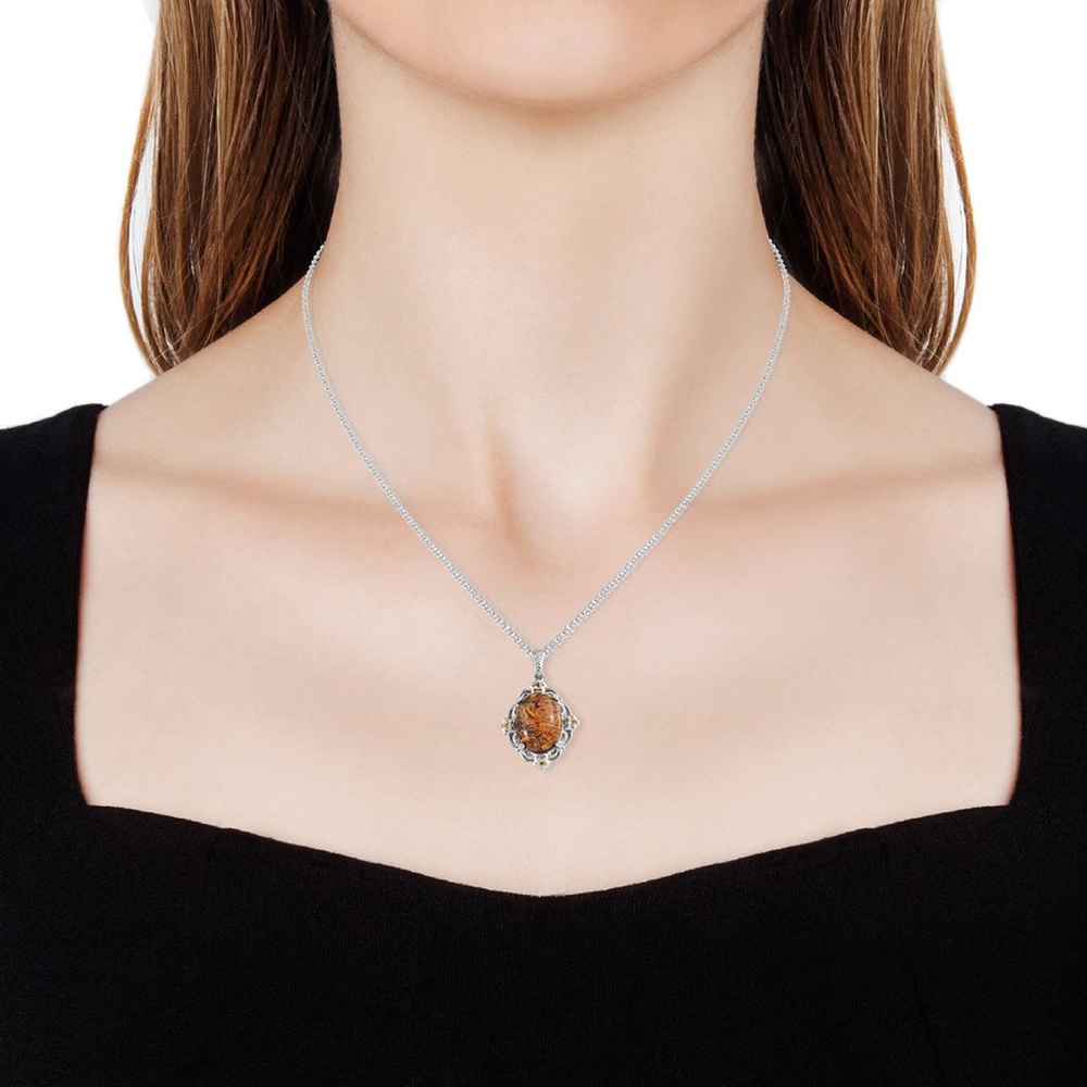 BRAZILIAN CITRINE & INDIAN SCRIPT ROUND STONE GEM PENDANT NECKLACE - Picture 2 of 6